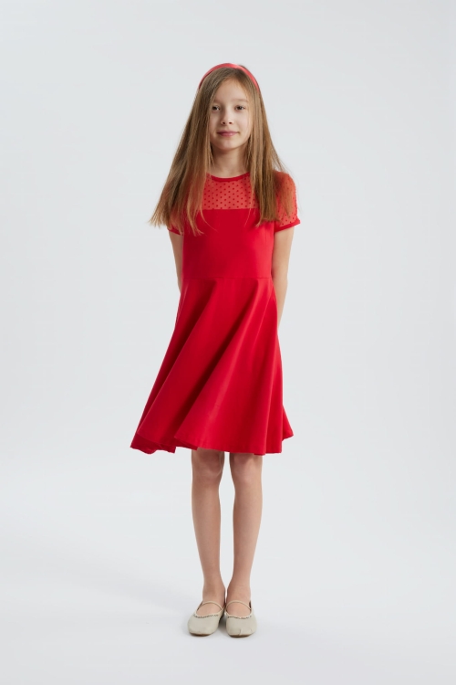 Elly girls' dress, red girls' party dress, polka-dot tulle dress, European children's clothing, elegant girls' special occasion dress, red dress for girls, comfortable girls' formalwear, premium kids' dresses, girls' Christmas dress