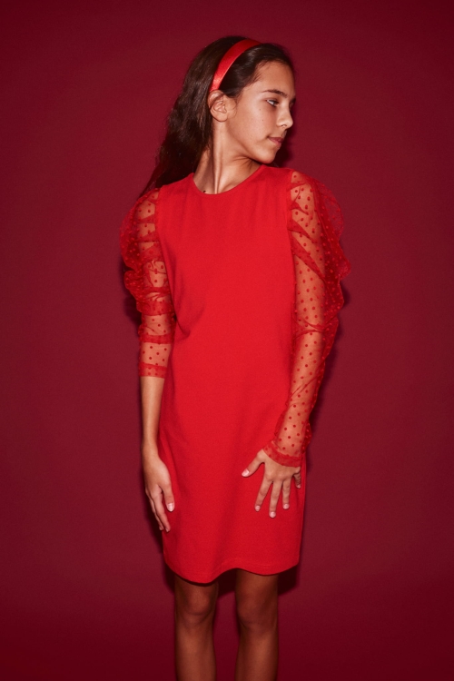 red dress for girls, special occasion dresses for kids, girls party dress, elegant children’s clothing wholesale, red tulle sleeve dress, comfortable kids formal wear, European-made kids dresses, kids dresses for holidays