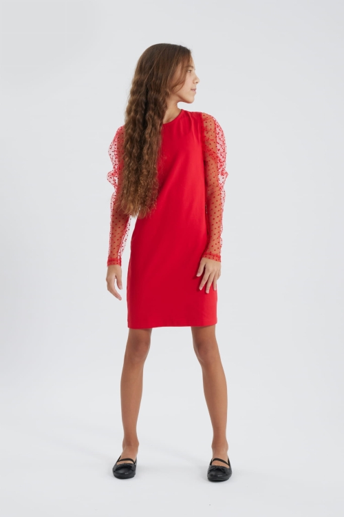 red dress for girls, special occasion dresses for kids, girls party dress, elegant children’s clothing wholesale, red tulle sleeve dress, comfortable kids formal wear, European-made kids dresses, kids dresses for holidays