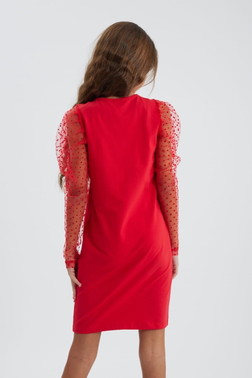 red dress for girls, special occasion dresses for kids, girls party dress, elegant children’s clothing wholesale, red tulle sleeve dress, comfortable kids formal wear, European-made kids dresses, kids dresses for holidays
