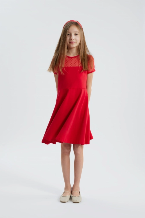 Elly girls' dress, red girls' party dress, polka-dot tulle dress, European children's clothing, elegant girls' special occasion dress, red dress for girls, comfortable girls' formalwear, premium kids' dresses, girls' Christmas dress