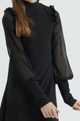 Luna girl’s dress, elegant black dress for girls, chiffon sleeve dress, special occasion dresses for kids, black formal dress for girls, premium-quality girls’ dresses, European-made kids’ clothing, stylish dresses for girls