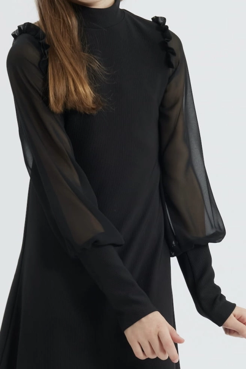 Luna girl’s dress, elegant black dress for girls, chiffon sleeve dress, special occasion dresses for kids, black formal dress for girls, premium-quality girls’ dresses, European-made kids’ clothing, stylish dresses for girls