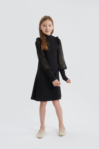 Luna girl’s dress, elegant black dress for girls, chiffon sleeve dress, special occasion dresses for kids, black formal dress for girls, premium-quality girls’ dresses, European-made kids’ clothing, stylish dresses for girls