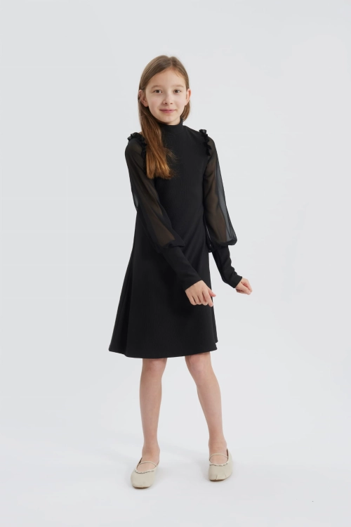 Luna girl’s dress, elegant black dress for girls, chiffon sleeve dress, special occasion dresses for kids, black formal dress for girls, premium-quality girls’ dresses, European-made kids’ clothing, stylish dresses for girls