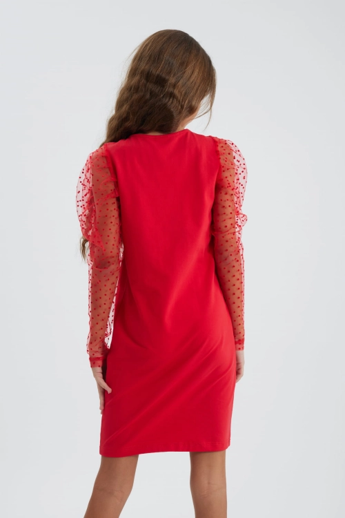 red dress for girls, special occasion dresses for kids, girls party dress, elegant children’s clothing wholesale, red tulle sleeve dress, comfortable kids formal wear, European-made kids dresses, kids dresses for holidays