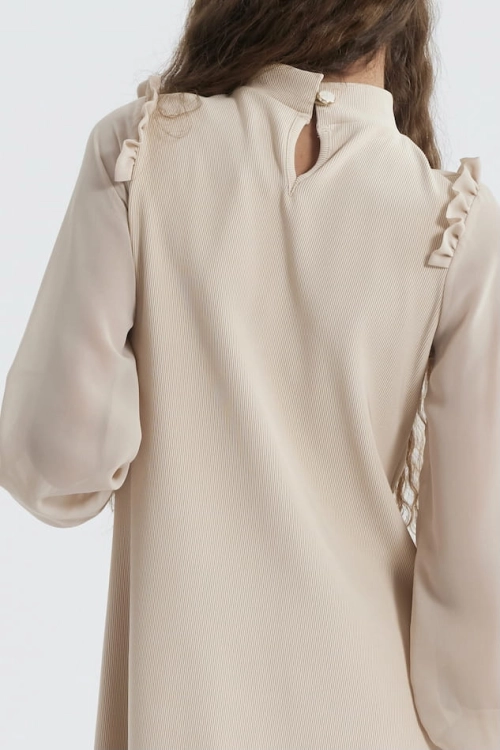 girls beige dress, Luna girls dress, chiffon knit dress, girls special occasion dress, beige party dress for girls, European girls dress, puffed sleeve dress, ruffle shoulder dress, kids elegant dress