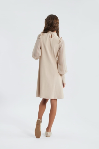 girls beige dress, Luna girls dress, chiffon knit dress, girls special occasion dress, beige party dress for girls, European girls dress, puffed sleeve dress, ruffle shoulder dress, kids elegant dress