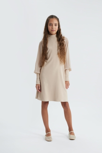 girls beige dress, Luna girls dress, chiffon knit dress, girls special occasion dress, beige party dress for girls, European girls dress, puffed sleeve dress, ruffle shoulder dress, kids elegant dress