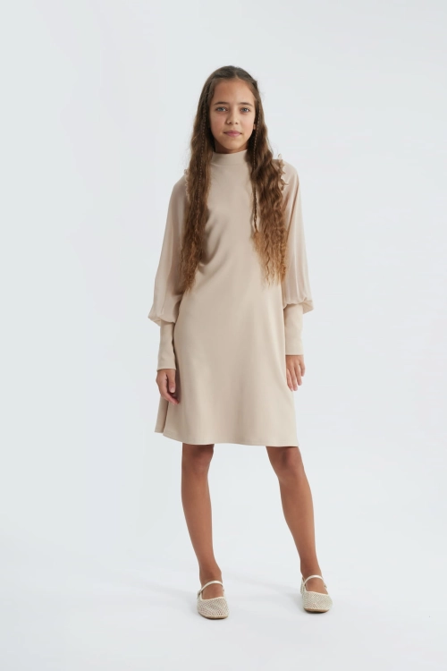 girls beige dress, Luna girls dress, chiffon knit dress, girls special occasion dress, beige party dress for girls, European girls dress, puffed sleeve dress, ruffle shoulder dress, kids elegant dress