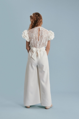 girls jumpsuit for special occasions, elegant girls jumpsuit, Beatrice girls jumpsuit, communion jumpsuit for girls, girls party outfit, lace back jumpsuit for kids, European-made girls jumpsuit, cream-white occasion wear for girls