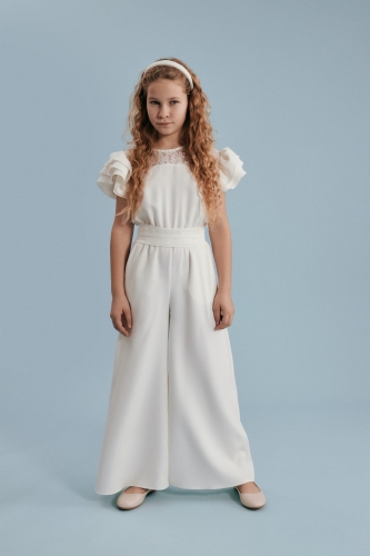girls jumpsuit for special occasions, elegant girls jumpsuit, Beatrice girls jumpsuit, communion jumpsuit for girls, girls party outfit, lace back jumpsuit for kids, European-made girls jumpsuit, cream-white occasion wear for girls