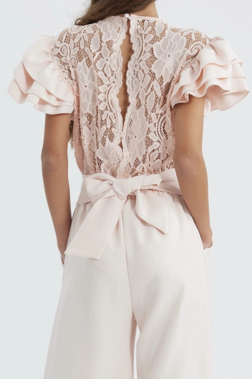 Beatrice girls' jumpsuit, pink lace jumpsuit for girls, elegant kids formal wear, girls' special occasion jumpsuit, kids' wedding outfit, European-made girls' jumpsuit, girls' trendy jumpsuit, formal girls' attire, wide-leg jumpsuit for girls