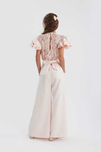Beatrice girls' jumpsuit, pink lace jumpsuit for girls, elegant kids formal wear, girls' special occasion jumpsuit, kids' wedding outfit, European-made girls' jumpsuit, girls' trendy jumpsuit, formal girls' attire, wide-leg jumpsuit for girls