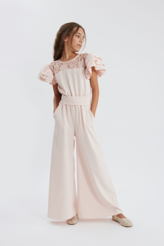 Beatrice girls' jumpsuit, pink lace jumpsuit for girls, elegant kids formal wear, girls' special occasion jumpsuit, kids' wedding outfit, European-made girls' jumpsuit, girls' trendy jumpsuit, formal girls' attire, wide-leg jumpsuit for girls