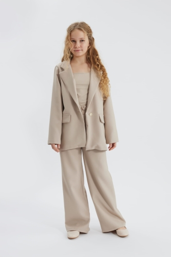 girls' beige suit, formal girls' suit, kids' elegant outfit, girls' formal blazer and trousers, special occasion suit for girls, Vanessa beige suit, girls' oversized blazer, girls' event attire